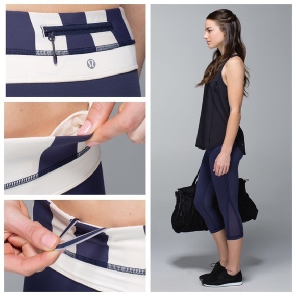 Lululemon Up The Pace Crop Leggings Blue White Stripe Mesh Pockets Size 4 Small - Picture 2 of 9